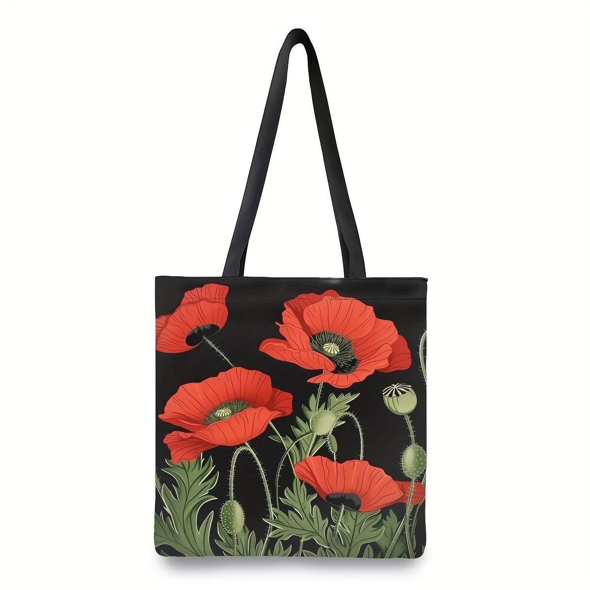 

1pc Polyester Tote Bag With Wristlet - Leak Proof, Square Reusable Grocery Bag With Poppy Design For Women, Travel, Gym, Beach, And Daily Shopping