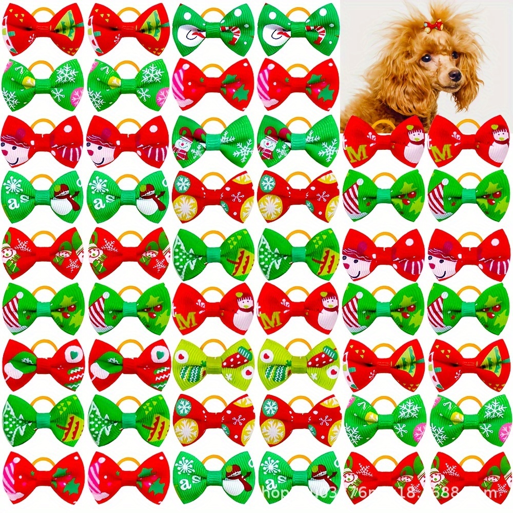 

10pcs Christmas Dog Hair Bows With Bands - Cartoon Patterns, Assorted Colors