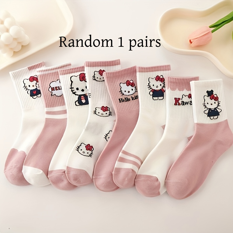 Image of Authorized Random 1 Pair/8 Pairs Hello Kitty Sailor Socks - Pink, Cute Cartoon Design For Teens, Comfortable, Perfect For Fall/winter, For Teenager, For Teenager