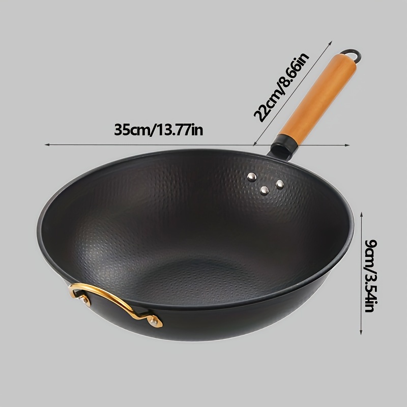 TEMU 1pc, Traditional Wok Pan 13.77inch With Wooden Handle, Non-stick, Flat Bottom, Versatile Stir Fry Pan Compatible With Induction & Gas Stove