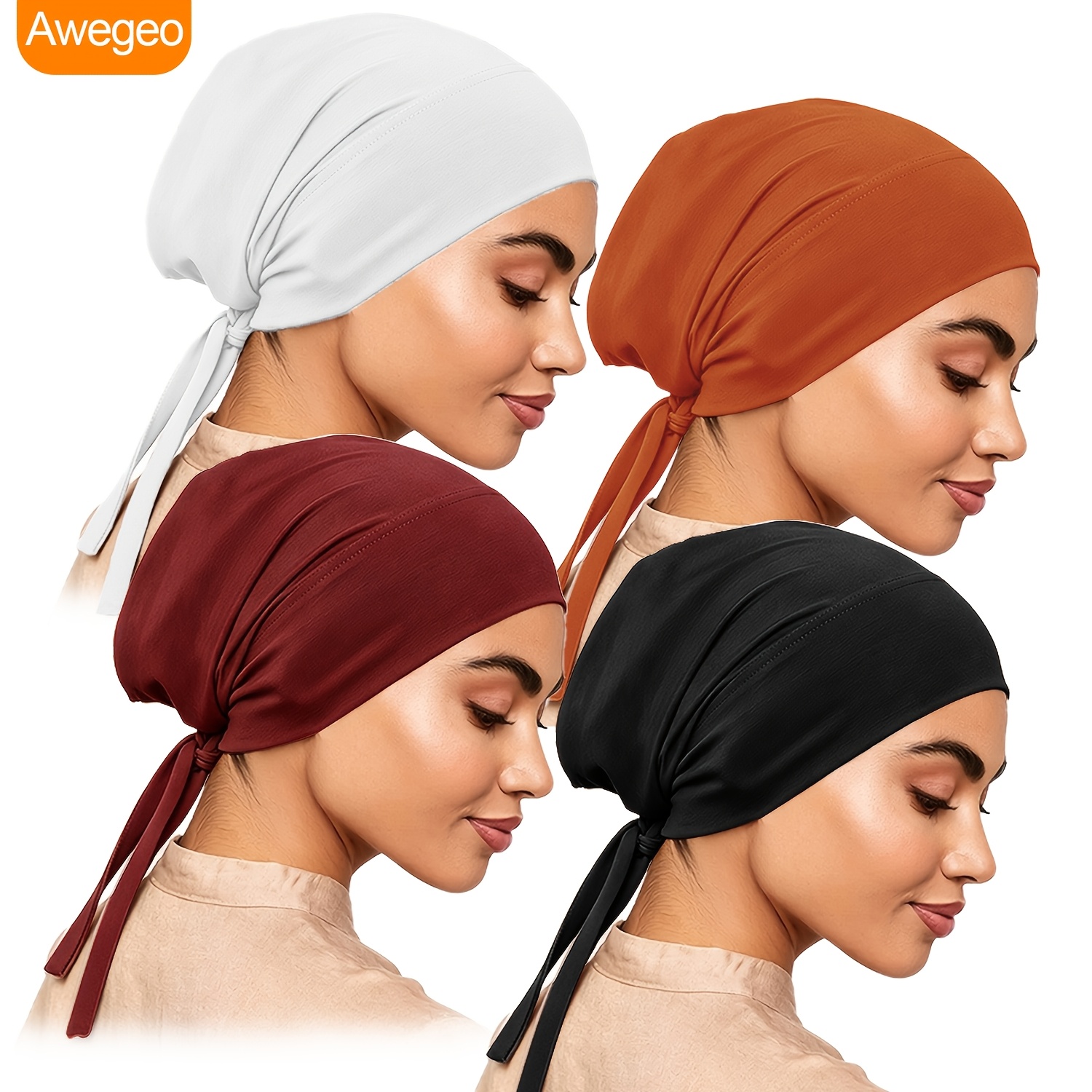 TEMU Lot de 4 bonnets hijab réglables à dans le dos, doublures de foulard douces et respirantes, bandeau de nuit léger pour cheveux pour femmes sous