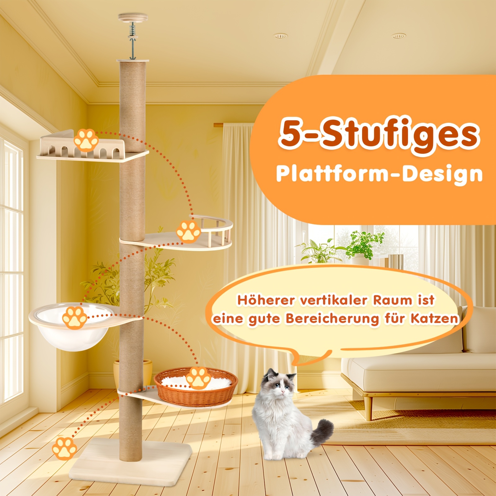 Image of A 270 Cm Tall Cat Tree Featuring 5 Levels, Designed To From Floor To Ceiling. It Includes Adjustable Height Options, , Sisal-covered Posts, And Capsule Along With A Basket For Your Feline Friend