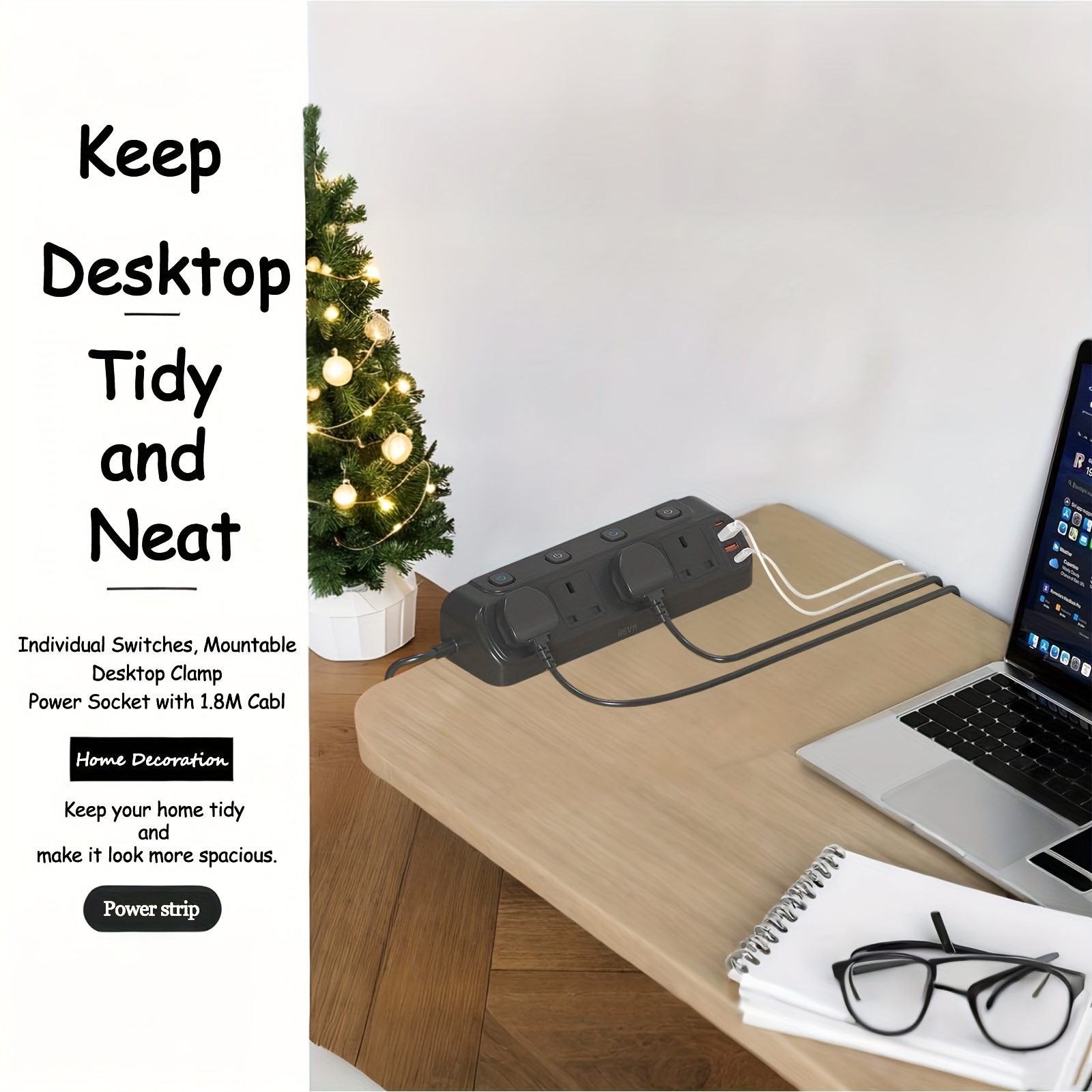 TEMU Beva Desk Clamp Extension, 4-gang Protected Plug Socket With Pd 20w Usb-c Charger And 4 Usb Ports, Individual Switches, Mountable Desktop Power