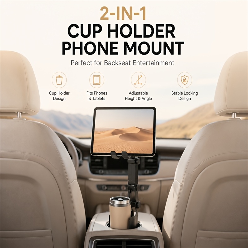 TEMU 2026 Upgraded 2-in-1 Adjustable Car Cup Holder Phone Mount & Tablet Stand With Rotatable Base, For Iphone/ipad, Stable Locking Holder Suitable
