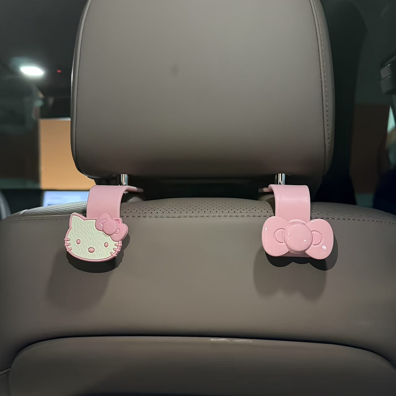 TEMU 2pcs Hello Kitty Car Seat Back Hook Holder - Cute Keychain & Mask Organizer, Durable Abs Plastic, Pink/black, Ideal For Most Vehicles, Car Additions For Women, Car Key Fob, , Sturdy Construction