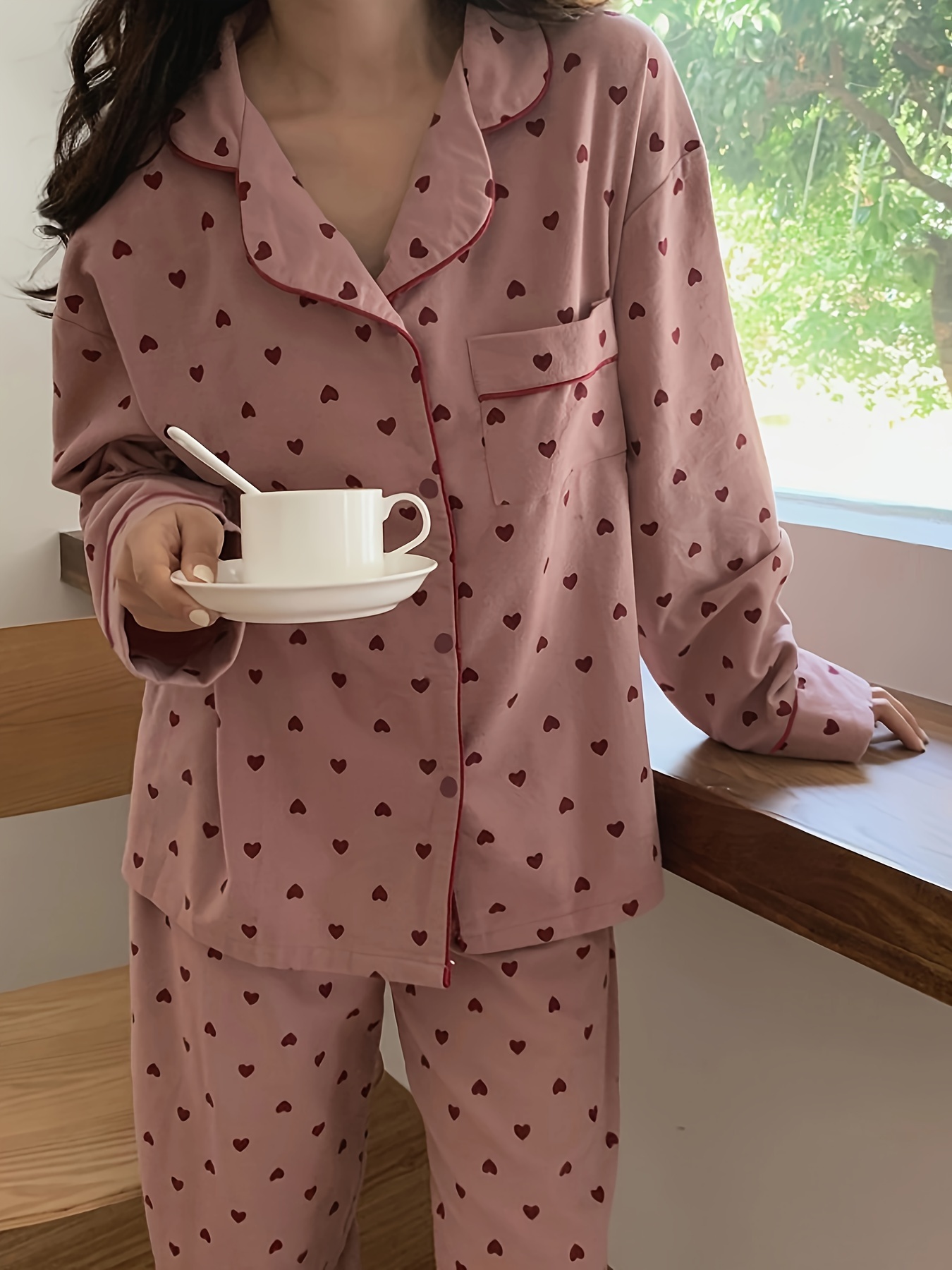 Cute Heart Pattern Comfortable Pajamas Set Red Satin Button Up