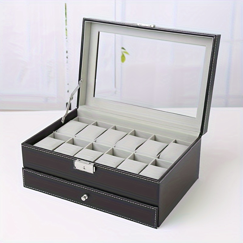 

Elegant Pu Leather Watch Display Case With Drawers And Glass Lid, Fabric-lined Interior, Multiple Watch Compartments, Secure Closure - Sleek Organizer Box For Storage