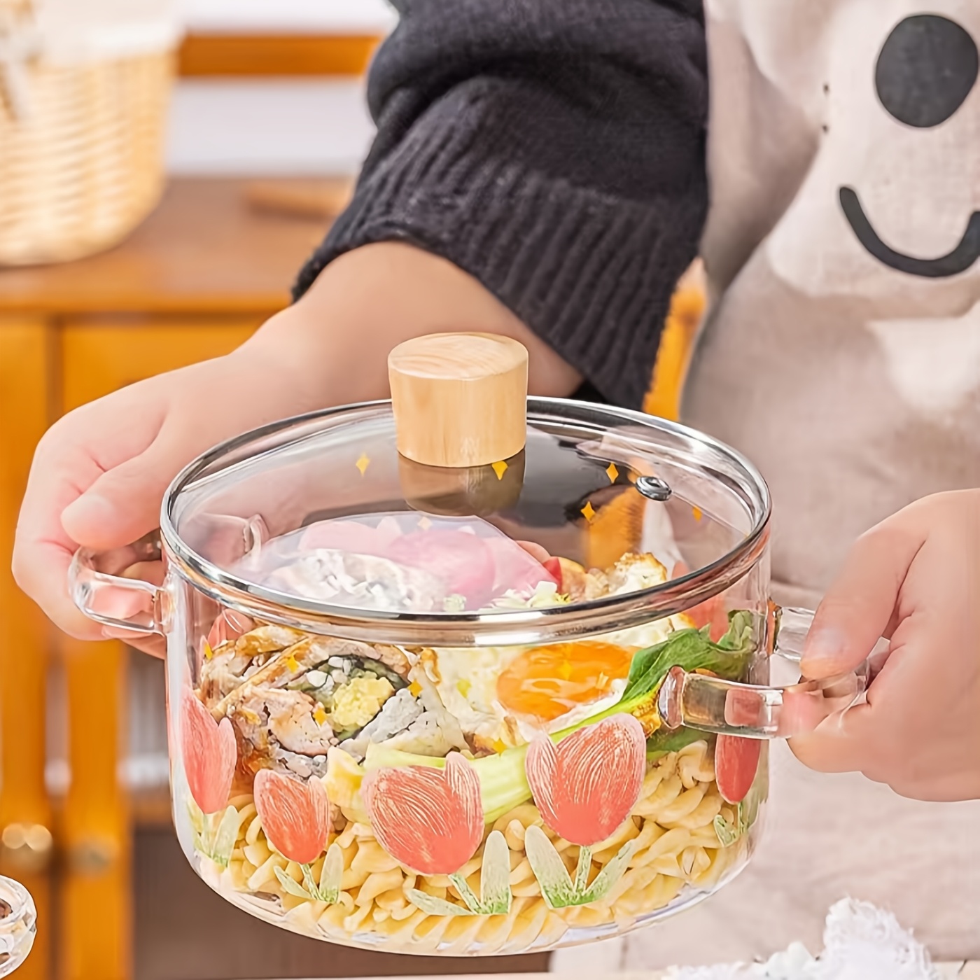 tulip glass cooking pot high temperature decal technology heat resistant glass cooking pot glass stew pot multi function glass cooking pot suitable for pasta steak sauce congee   noodles soup and salad 1700ml 58 oz