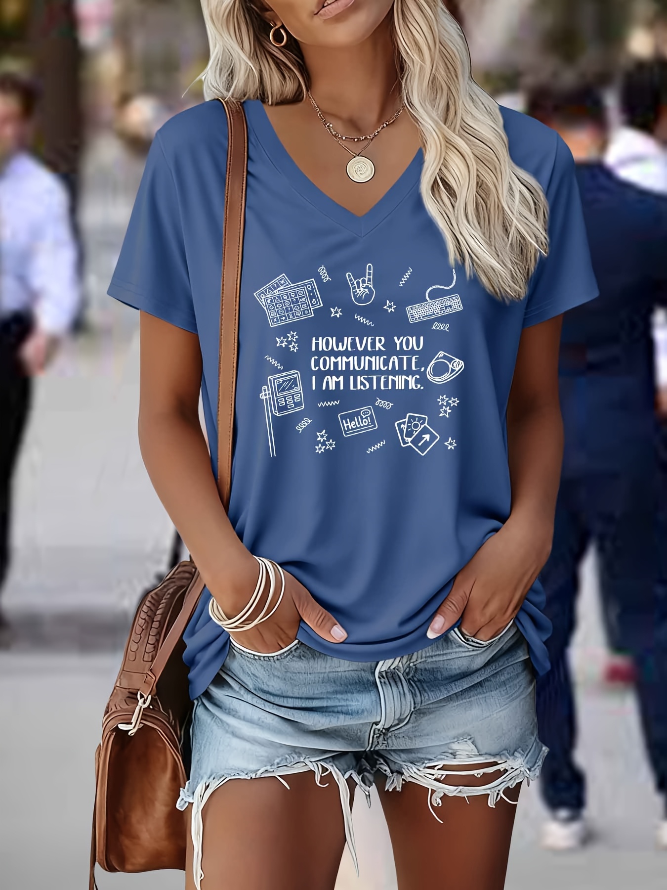 schweres, reines kurzarm-t-shirt mit v-ausschnitt für damen mit „wie auch immer du kommunizierst, ich höre zu“ schriftzug- musterdruck, frühling/sommer-mode,  . elegantes, schweres party-t-shirt mit v-ausschnitt kurzarm 50510