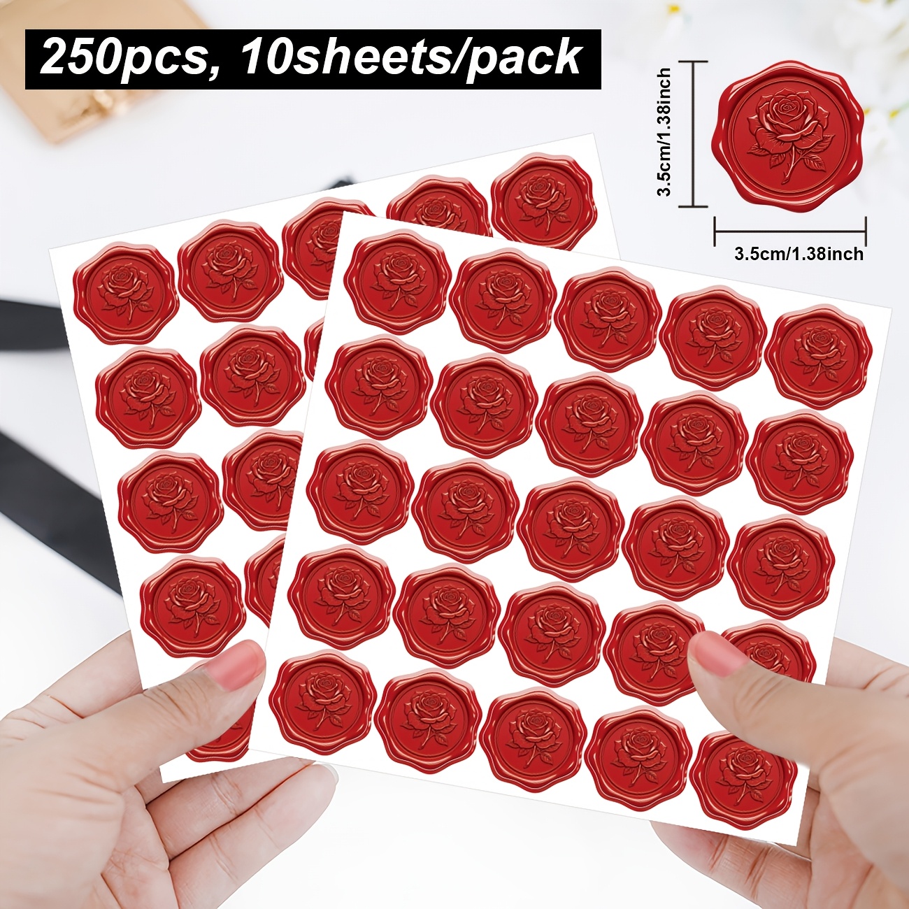 Image of 250 Stickers (1 Pack), 3.5cm Red Rose Wax Seal Stickers, Valentine's Day Stickers, Suitable For Office Decoration, Office Labels, Envelope Seals, Party Decorations, Office Supplies