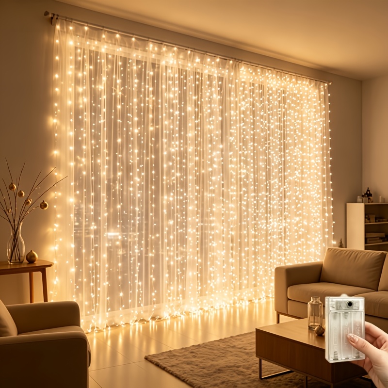2x2m 200 Led Curtain String Lights, 8 Flashing Lighting , Battery Operated, Indoor & Outdoor Decoration. Perfect For Weddings, Parties, Christmas, Halloween, New Year And Yard Decorations