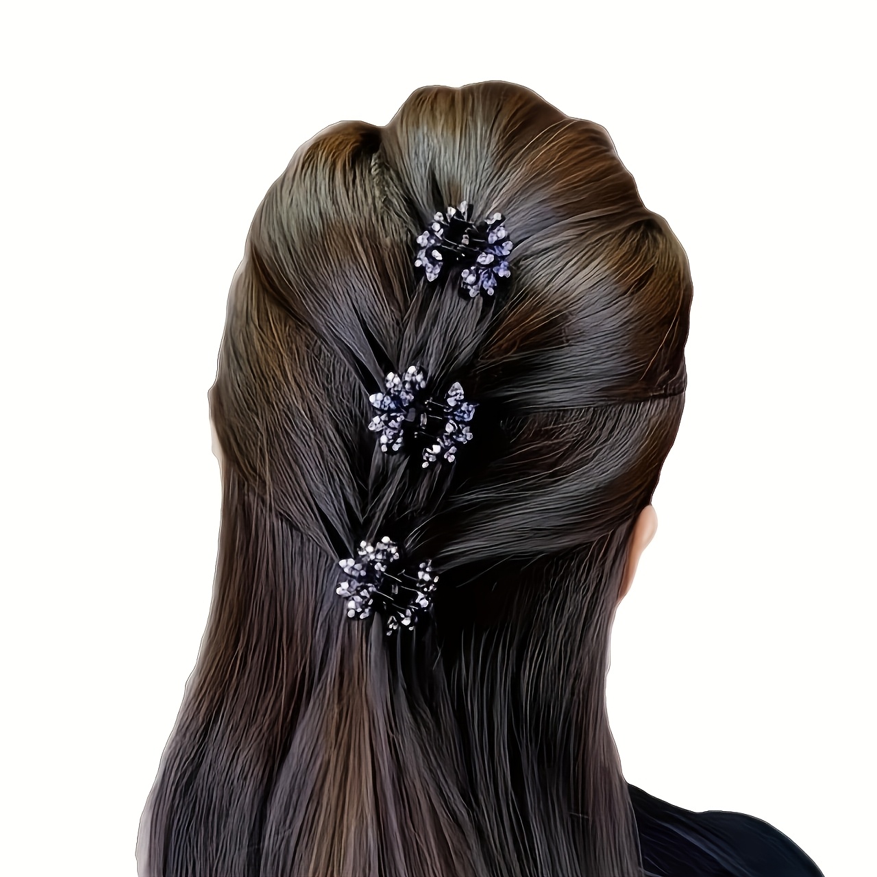 Image of 3pcs Of Fishbone Shawl Half-tie Hair Flower Full Diamond Small Grab Clip, New High-end Back Of Bun Hair Clip For Women, Gift