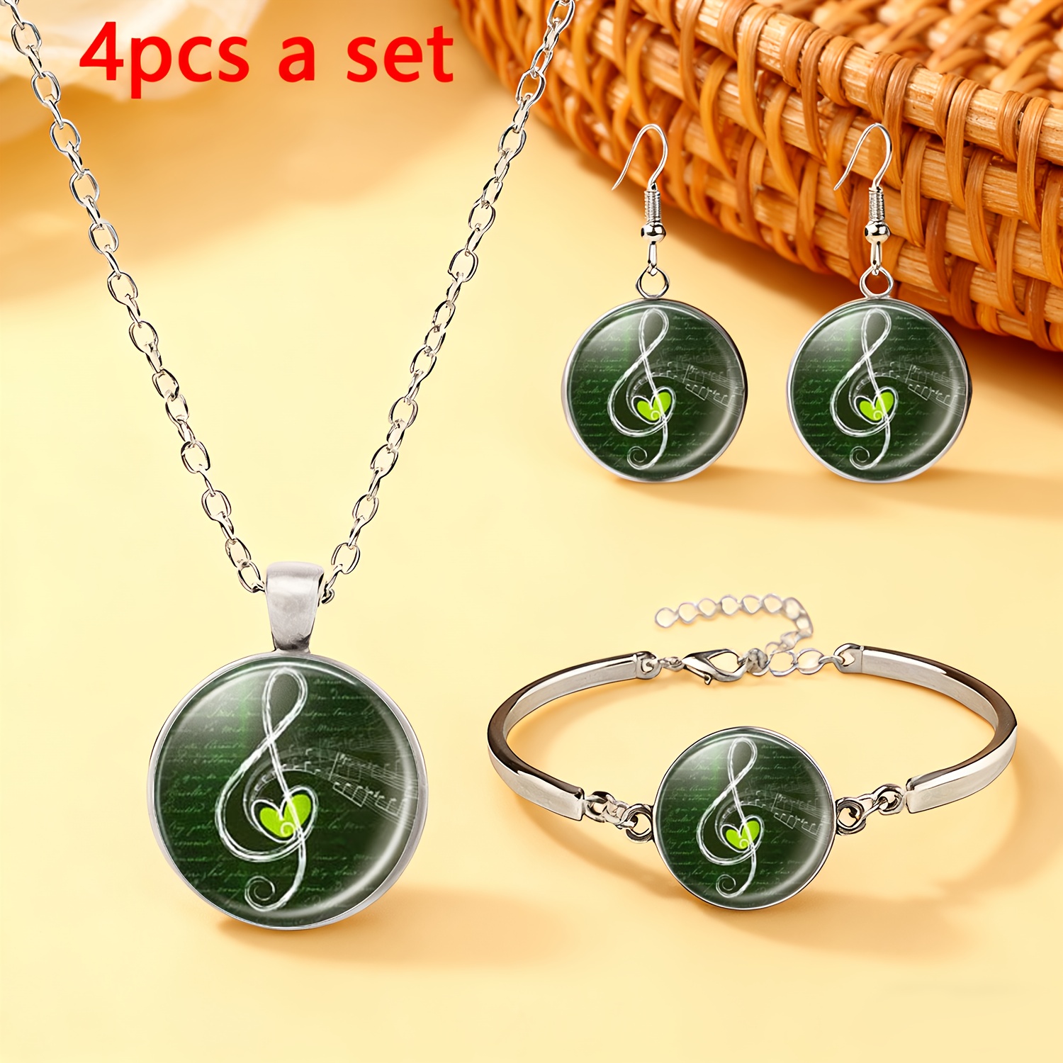 TEMU 4pcs Set: 1 Necklace, 1 Bracelet, 1 Pair Of Stud Earrings. Suitable For Women, This White Jewelry Set Features Glass-inlaid Patterns With