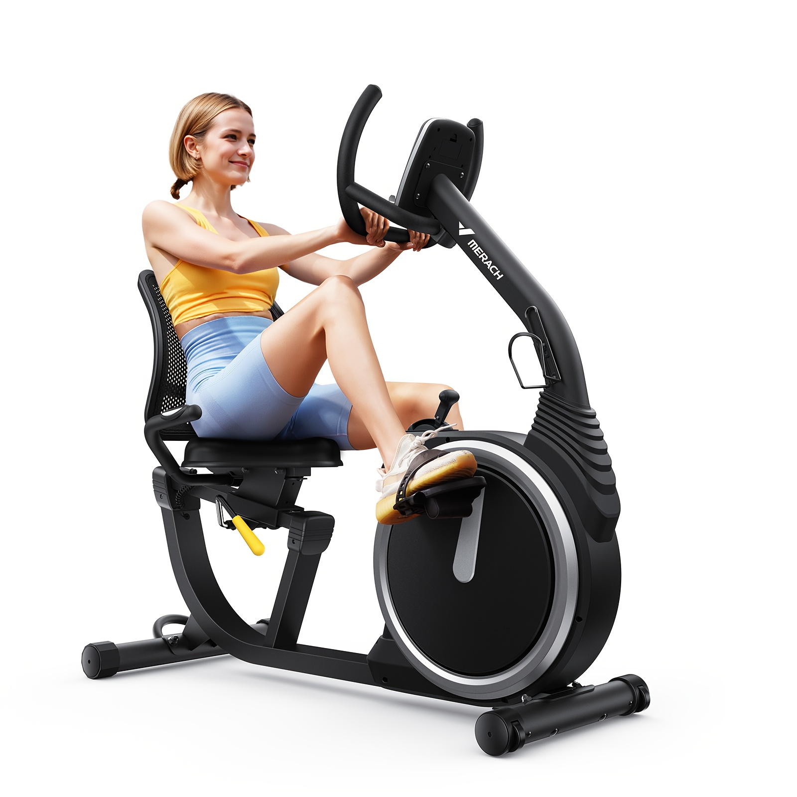 TEMU Merach Recumbent Exercise Bike, High-end Magnetic Stationary Bike With Smart Wireless And App , Lcd Display, Heart Rate Handle, Ideal For Home,