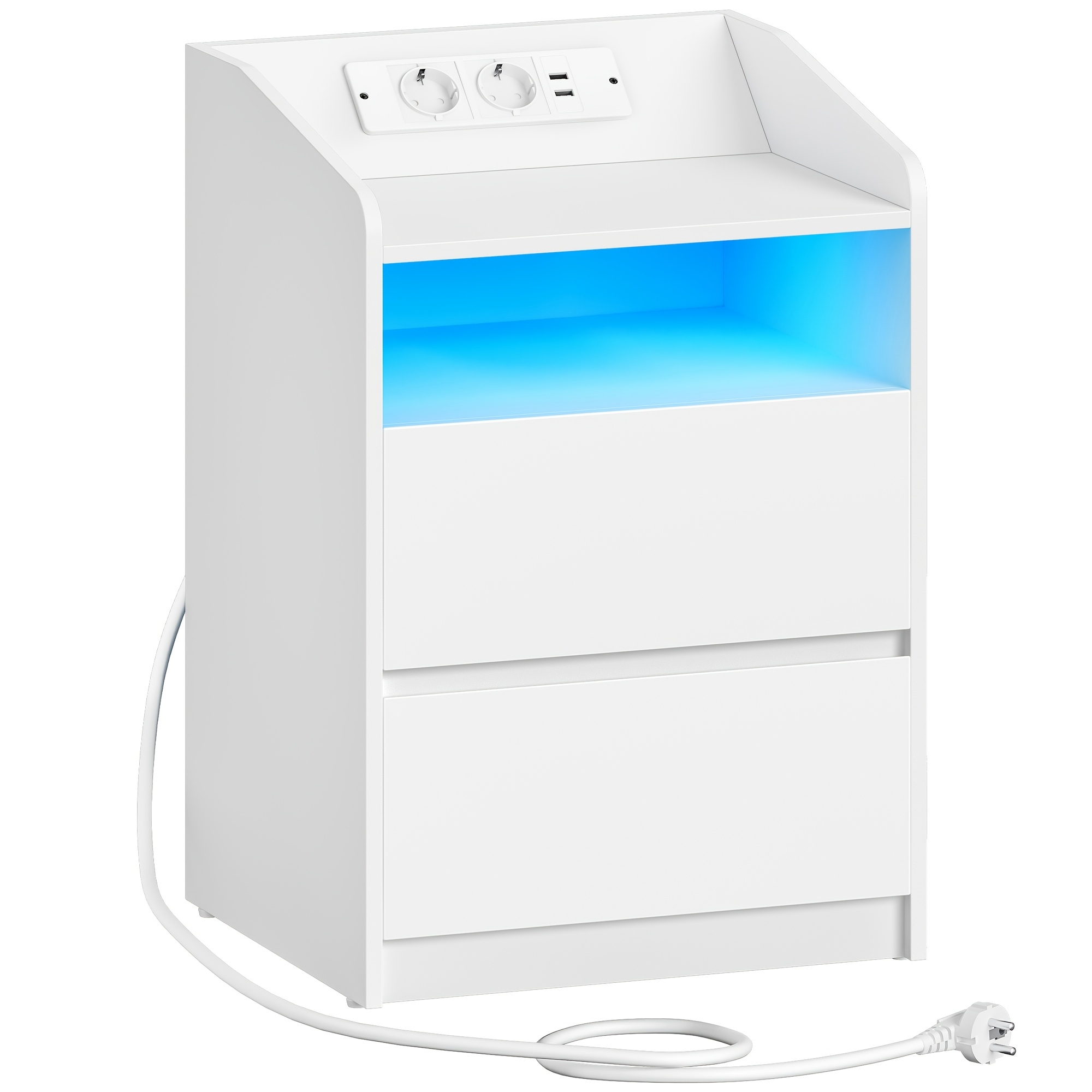 Nočna omarica z 2 predali, 2 vtičnicama za klimatsko napravo, 2 USB-A priključki, LED osvetlitvijo, odprtim predalom, , za spalnico, dnevno ,