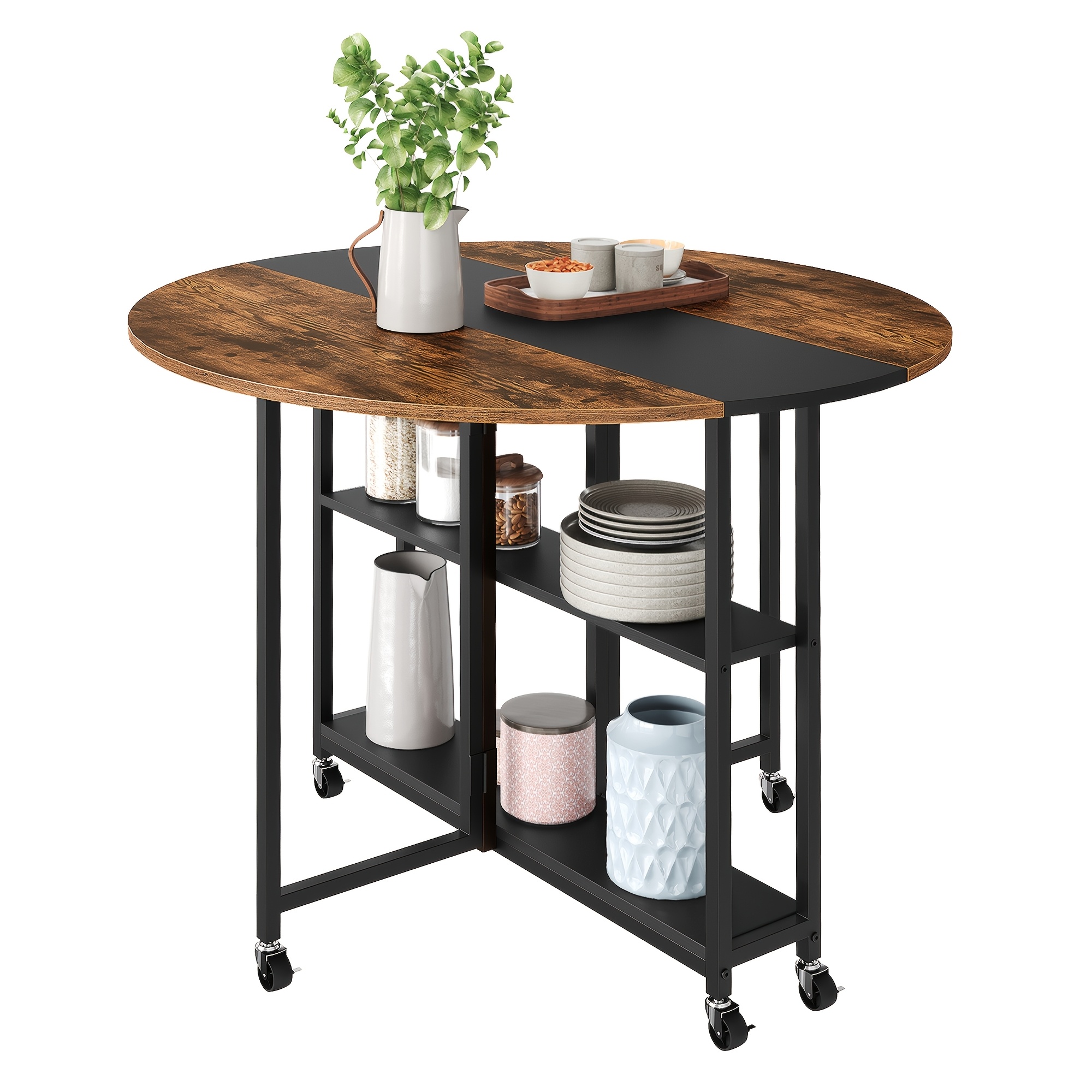 TEMU Foldable Round Dining Table With Lockable Wheels, Rolling Computer Desk, Rustic Drop Leaf Kitchen Table With 3-tier Storage Shelves, Breakfast