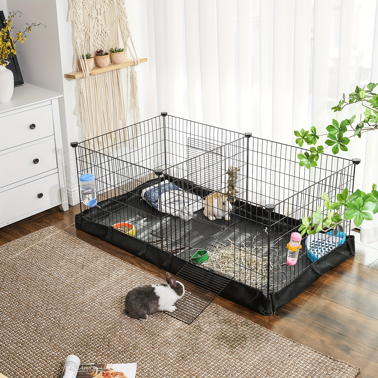 

Small Animal Cages, Metal Grid Small Animal Playpen With Waterproof Washable Liner, 2 Separate Spaces For Rabbits, Ferrets, Bunnies, Hedgehogs, 48.4 X 24.8 X 18.1 Inches, Black