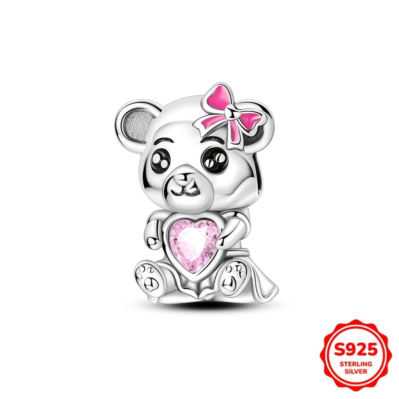 

Elegant 925 Sterling Silver Bear Hugging Heart Beaded Charm, Synthetic Cubic Zirconia, Valentine's Day And Parties, Cute Animal Theme Jewelry Gift, 3.1g, Original Brand