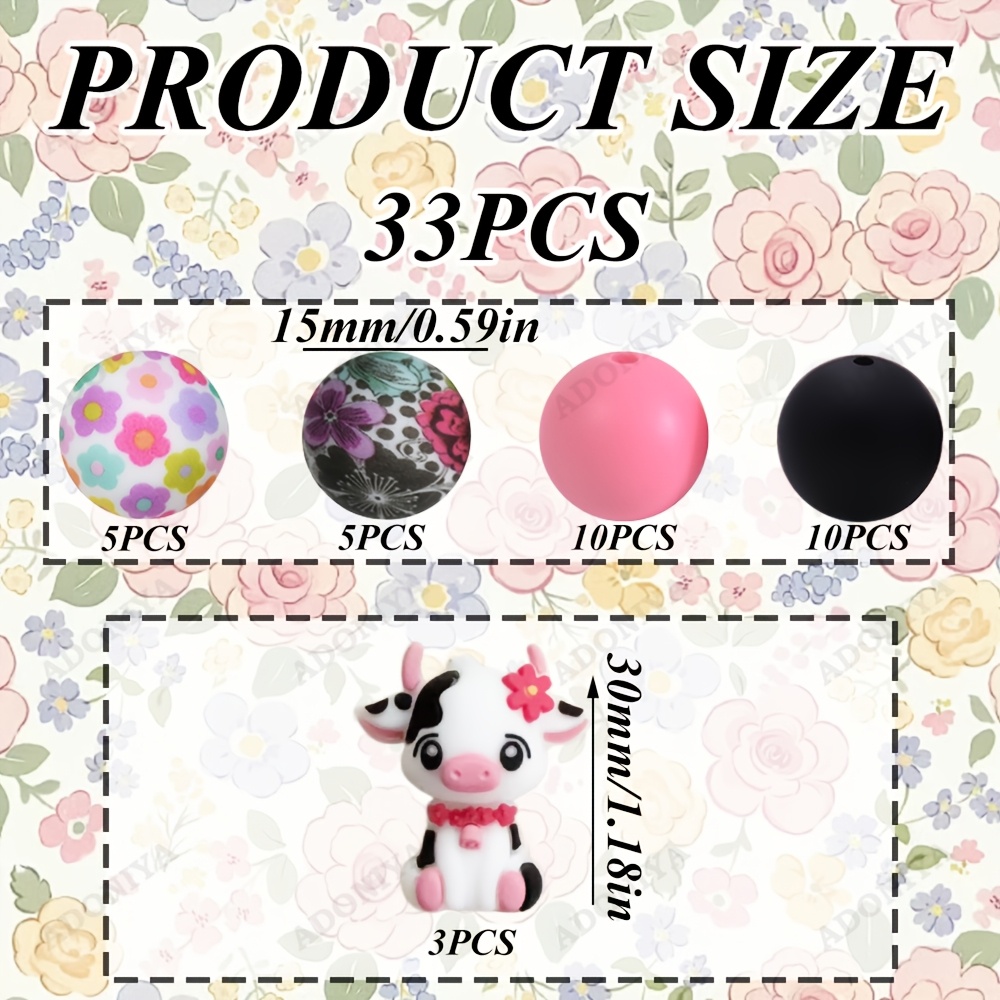 TEMU 33pcs Pink Flower & Highland Cow Silicone Mold Beads - Scottish Cow Shaped Suitable For Making, Beaded Crafts, Birthday Gifts, Back-to-school