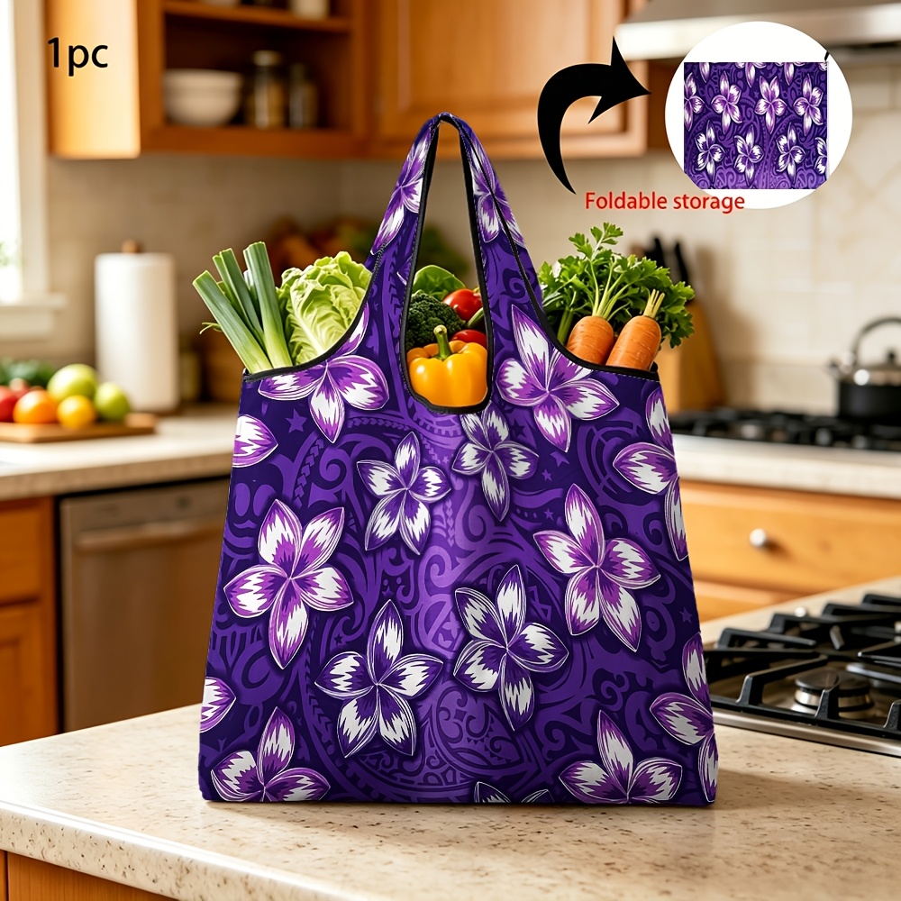 TEMU 1pc Reusable Portable Shopping Bag With Purple Tribal Floral Print Foldable Grocery Bag
