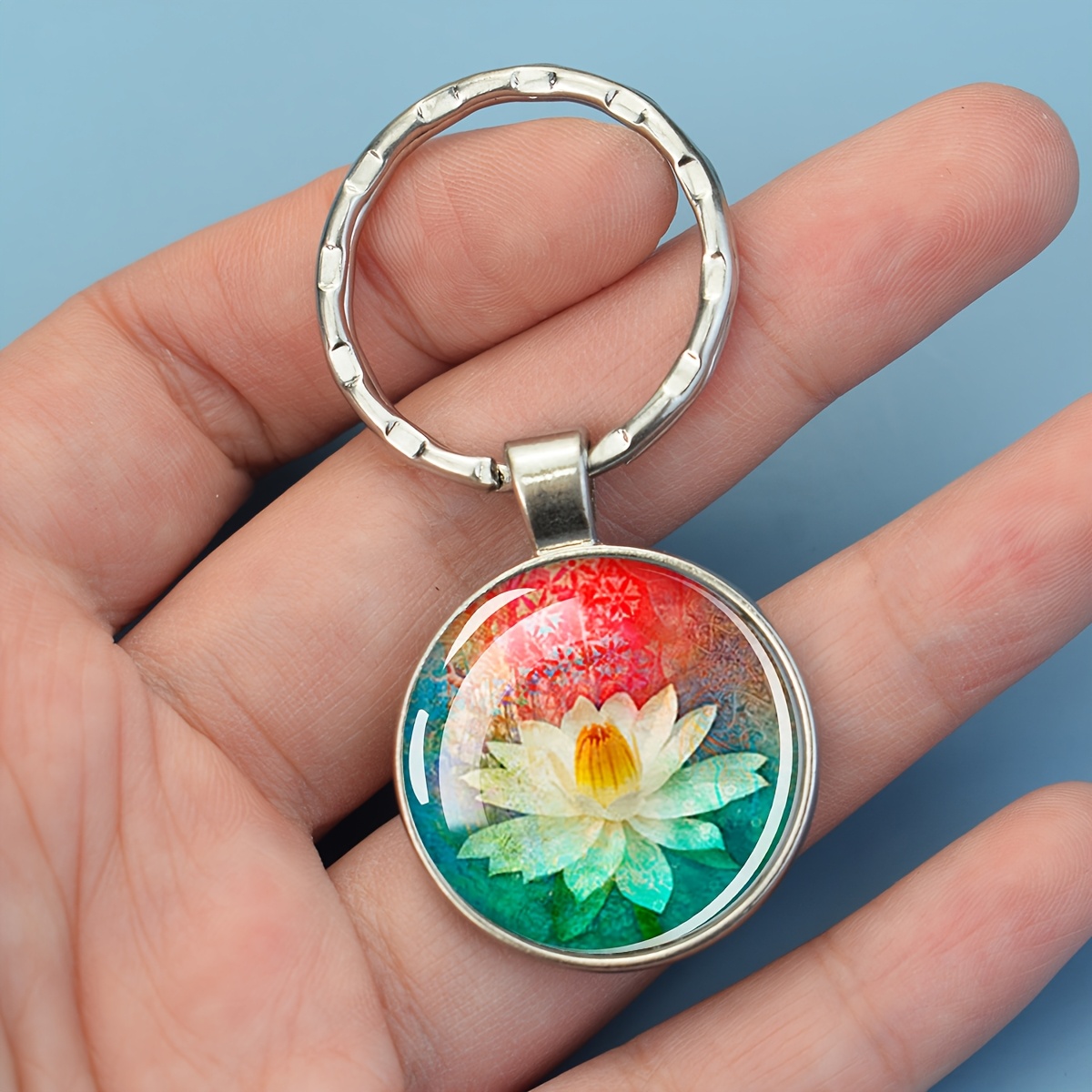 Colorful Background Glass Dome Key Ring Keychain, 3pcs