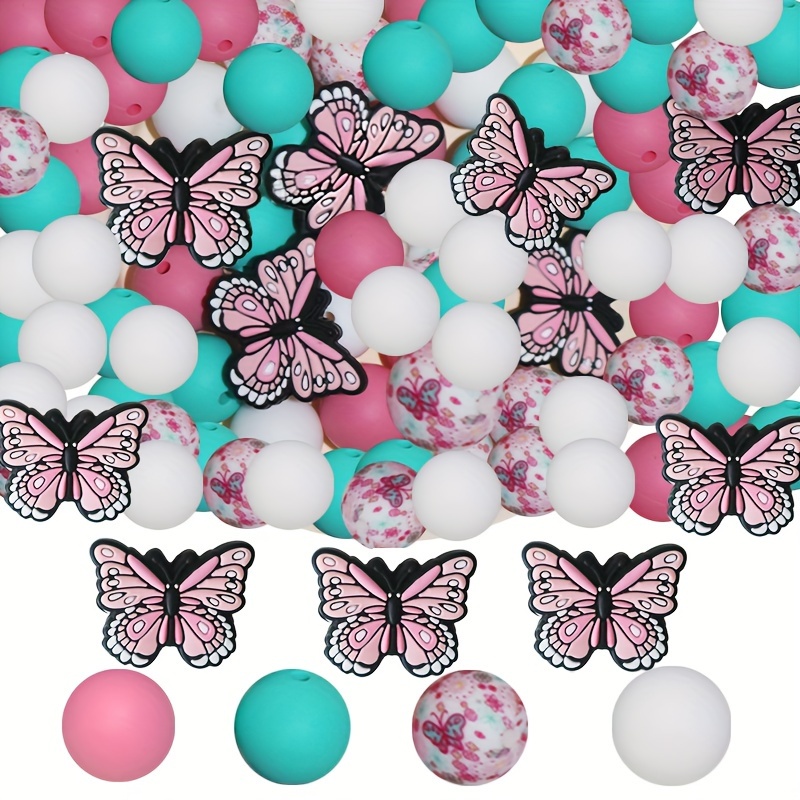 

50pcs Butterfly Shaped Silicone Beads Round Beads Set Pattern Silicone Beads Straight Hole Beading Set, Bracelet Necklace Key Chain Pen Diy Decorative Beading Jewelry Making Parts