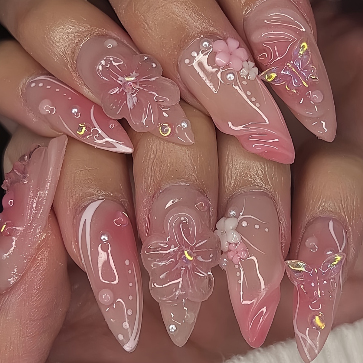 

24-piece Elegant French-inspired Pink Almond Shaped Press-on Nails With Flower Pattern And Glossy Finish, Includes Jelly Glue & Nail File For Women's Everyday Wear