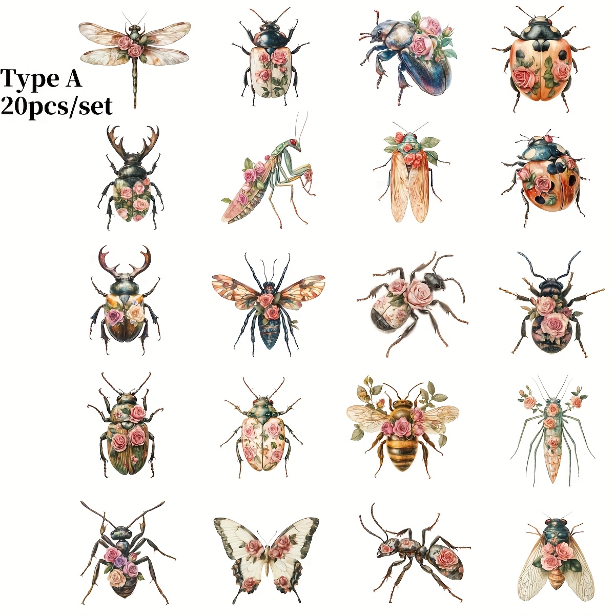 Image of 20pcs/set Handmade Creative Retro Roses, Flowers And Insects, Beetles, Ants, Ladybugs Series Stickers Suitable For Garbage Diary, Notebook, Decoration, Manual Account Cutting Book Stickers