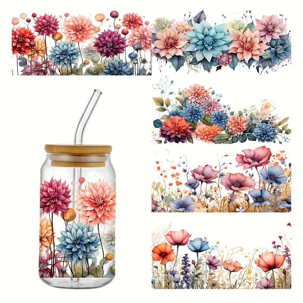 

5pcs/set Beautiful Flowers Uv Dtf Transfer Sticker Cups Diy Wrap Transfer Sticker For 16oz Glass Cup Waterproof Sticker Bottle Sticker Adhesive Sticker-high Quality