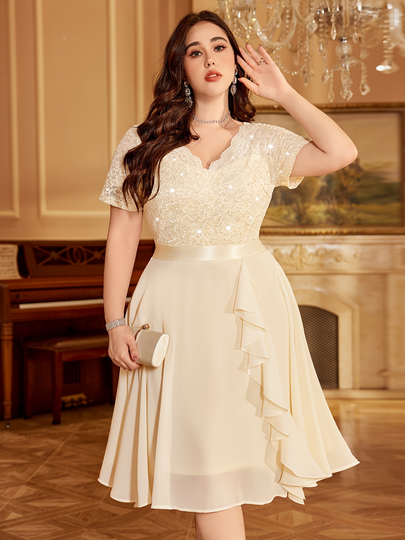 knee length dresses for ladies Ever-Pretty Double V Neck Short Sleeve Maxi Tulle Evening Dress Occasion Dress