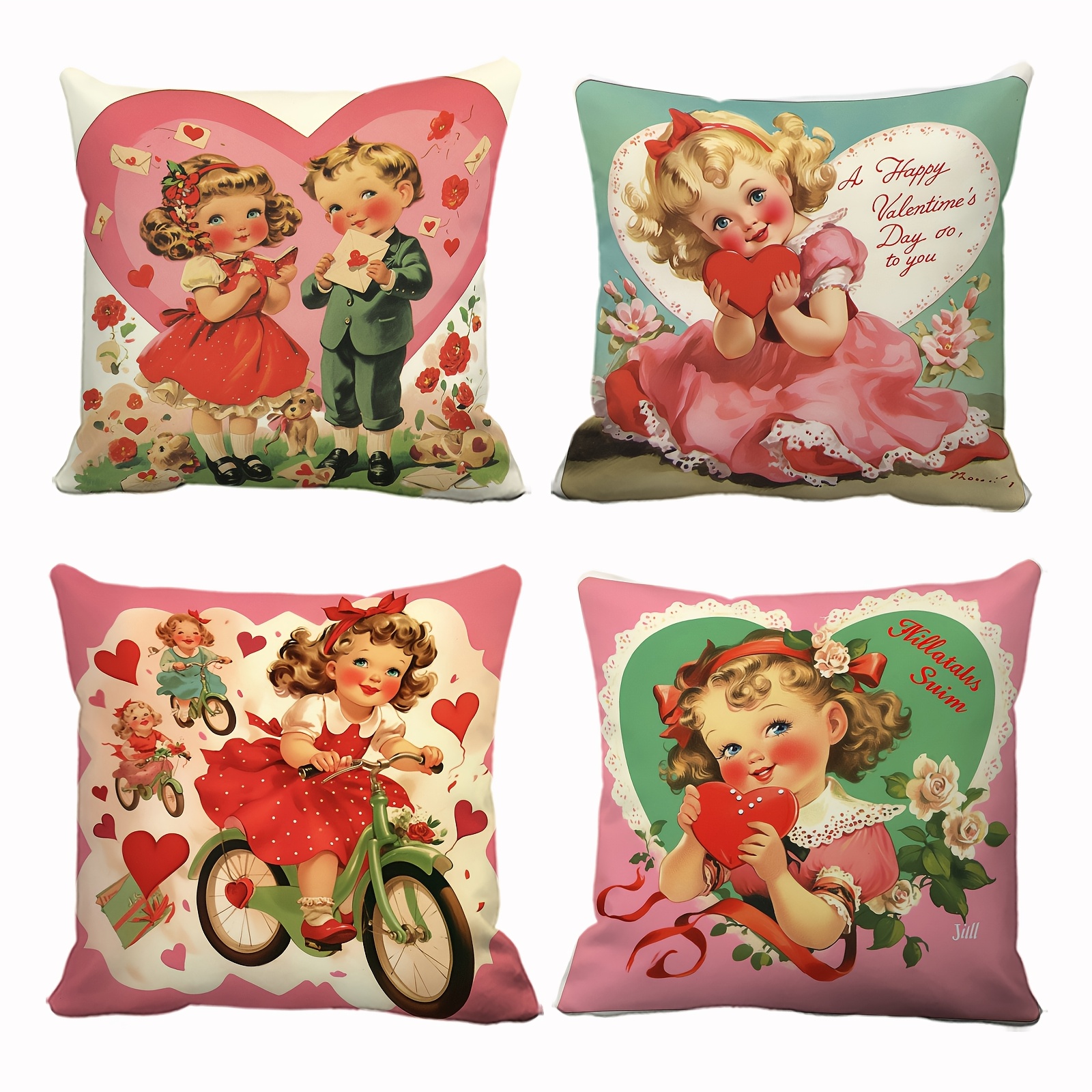 

A Set Of 4 Valentine's Day Pillow Covers Featuring Large Hearts, Bicycles, And -themed Decorations, Home And Outdoor Decor, Single-sided Printing, No Pillow Inserts Included.