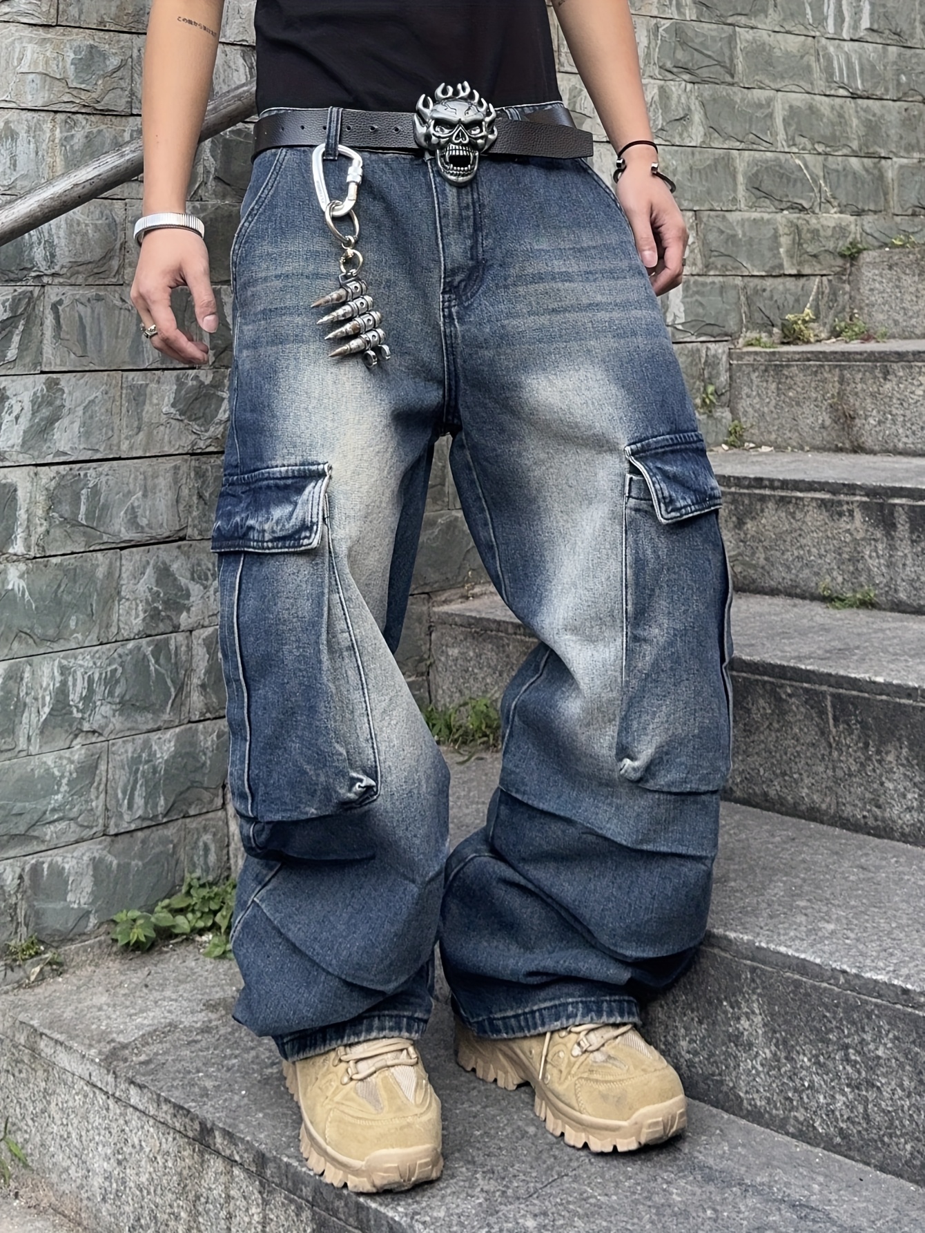 mens fashion loose fitting workwear denim pants a vintage - Temu