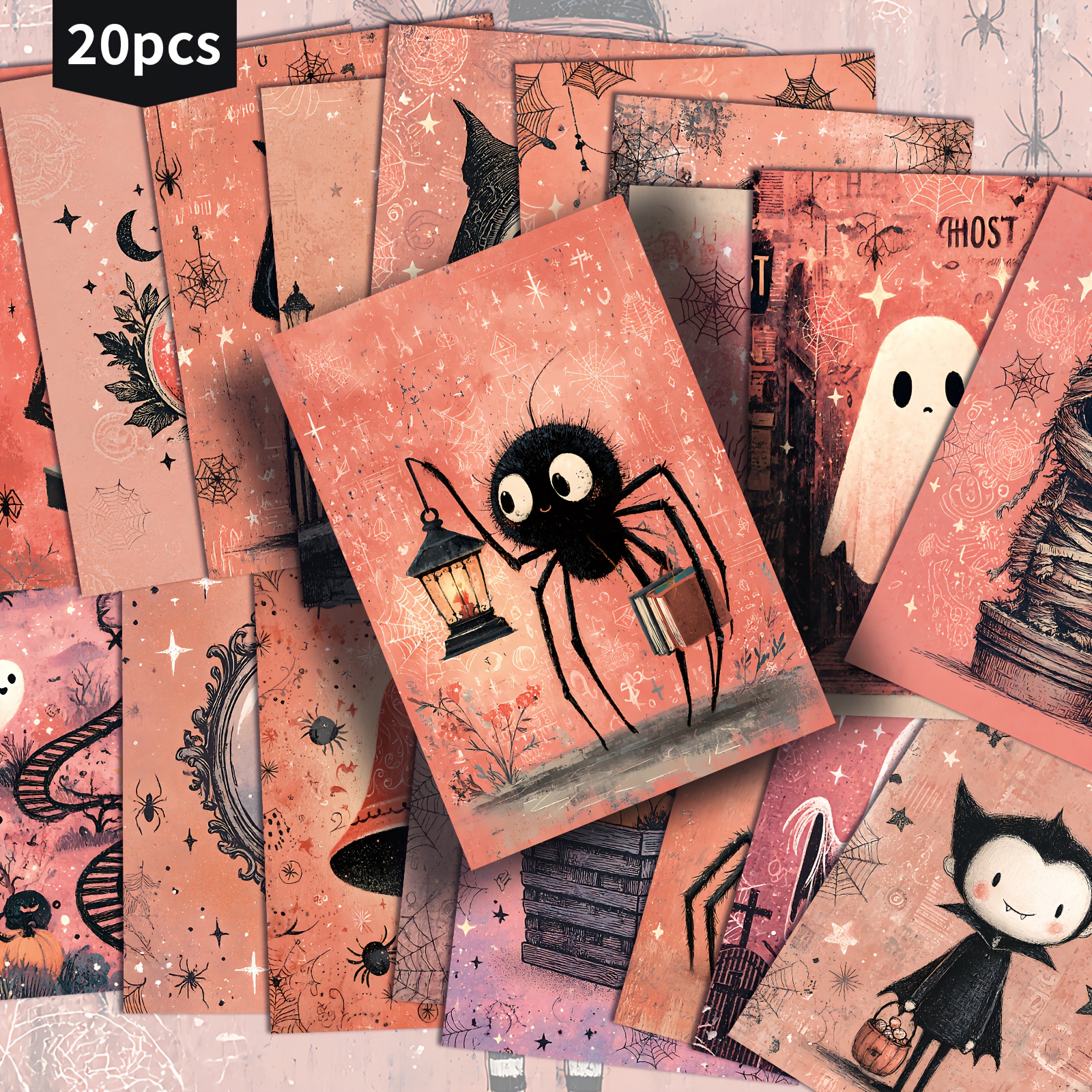 Set Of 20 Retro-style Postcards Featuring Pink Halloween Themes With , , And , Measuring 4x6 Inches. Ideal For Junk Journaling, Classic Pinup Illustrations Are Perfect For Scrapbooking And Crafting