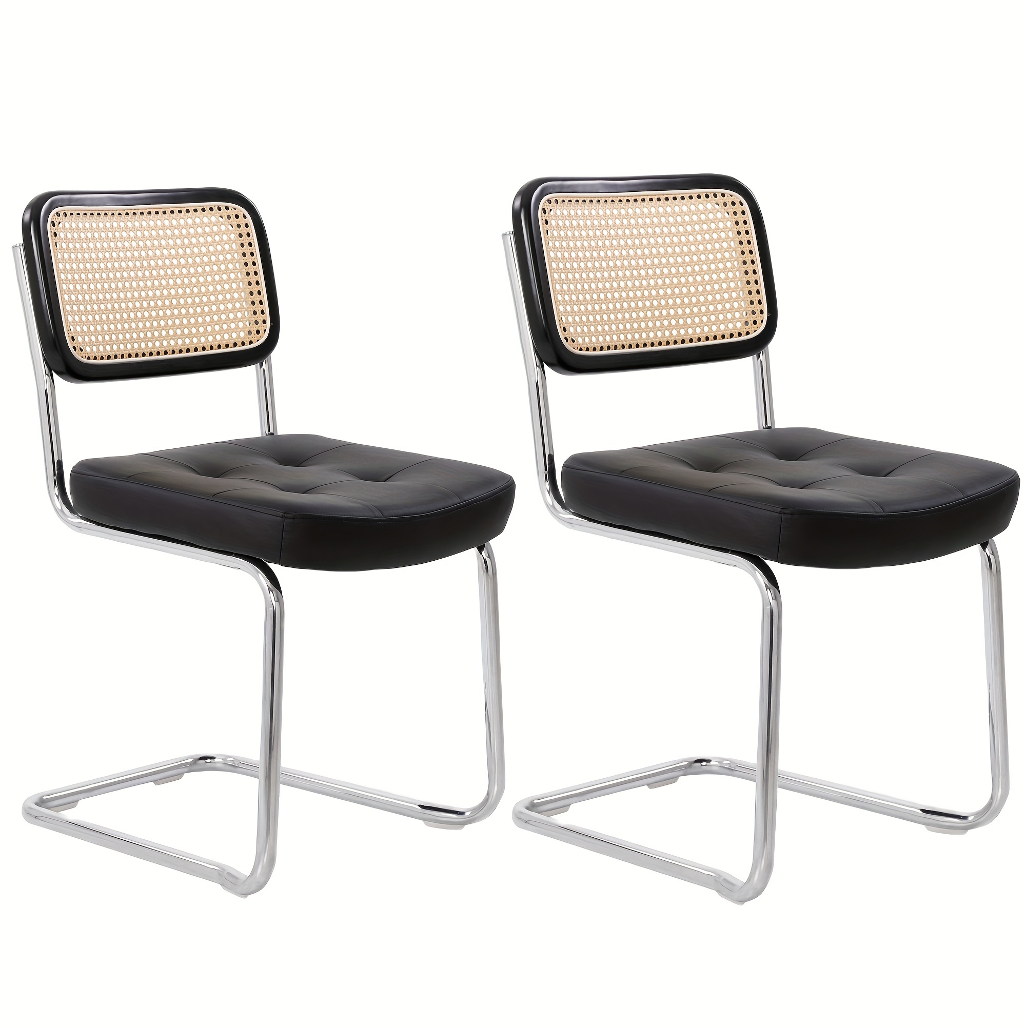 Image of 2pcs Mid Century Modern Wicker Dining Chairs, Pu Leather Dining Room Kitchen Chairs With Cane Back, Upholstered Tufted Faux Leather Accent Chairs Rattan Armless Mesh With Legs, Black
