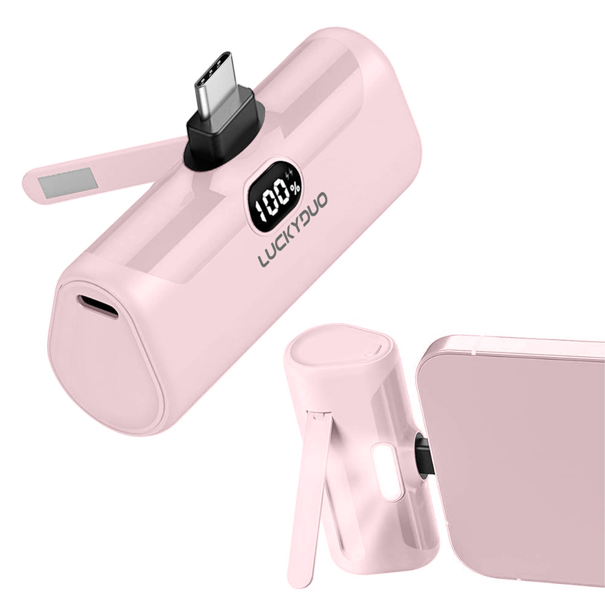 TEMU Compact Usb C Power Bank For Iphone, 5000mah Mini Charger With Integrated Stand, Led Indicator, Pd15w Lcd Screen, Adorable External Battery For
