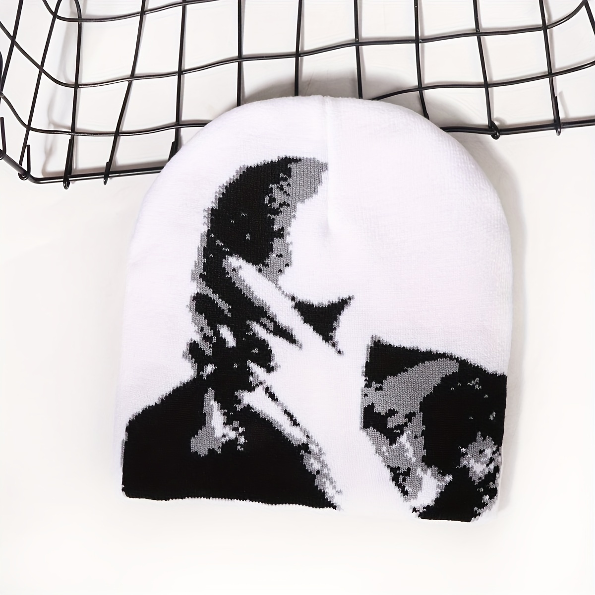 TEMU Funky Y2k-inspired Men's Knit Beanie With Unique Jacquard Design - Soft Acrylic, Hand Washable - Perfect For , For Autumn