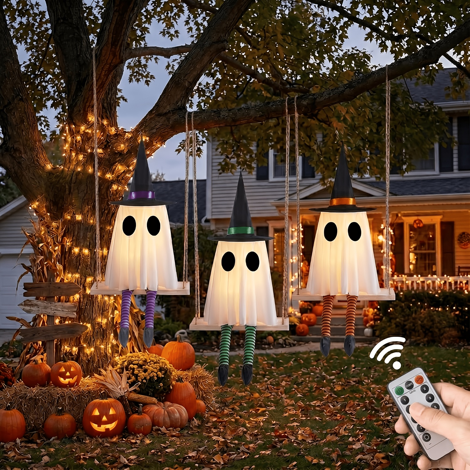 TEMU Set Of 3 Halloween Hanging Swing , Halloween Decorations Outdoor Hanging With Witch Hat, Glowing Witch Hat Light, Halloween Decor For Yard Patio