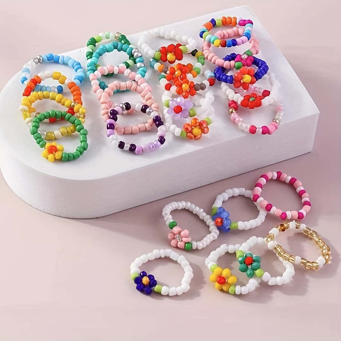 Bohemian Beaded Rings & Floral Bracelets Set