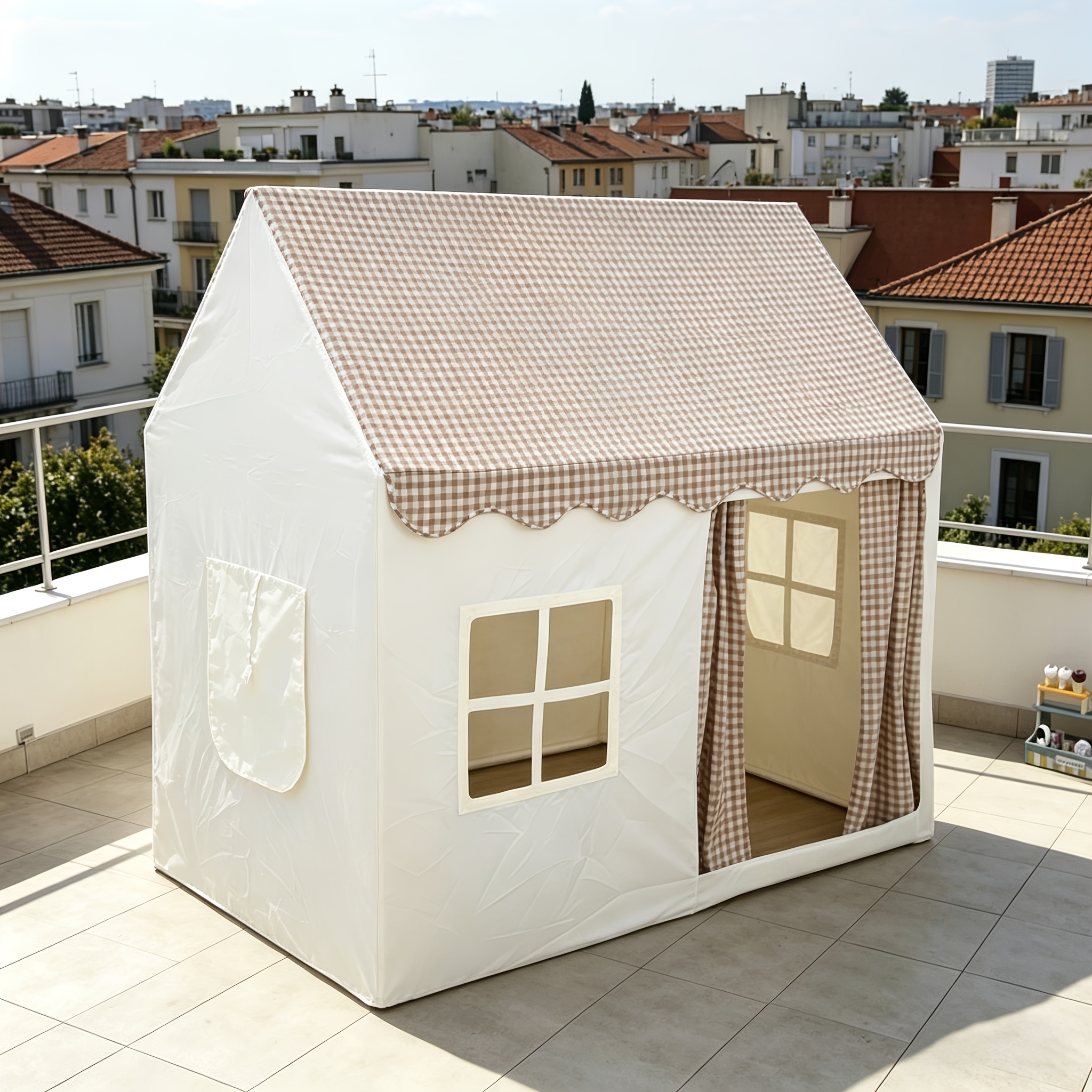Image of As The Through The Curtain , The Easy Tent In Becomes The Scenery In The Room. Light Brown Lines On -white Fabric, Irregular Small Squares
