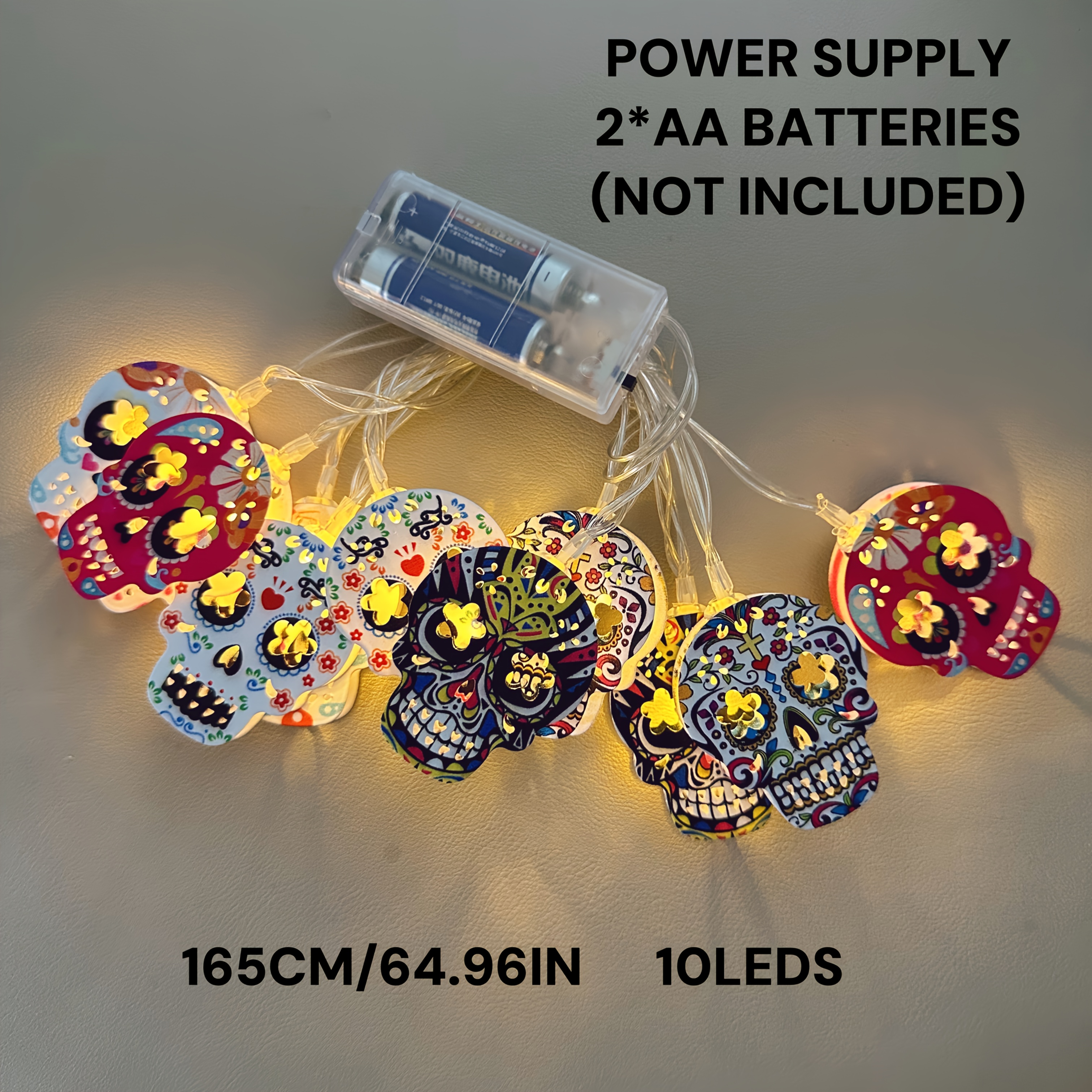Led Light String, 1.65m 10-light Halloween Multicolor Head Light String, Warm White Light, Metal Material, Battery Powered (battery Not Included)