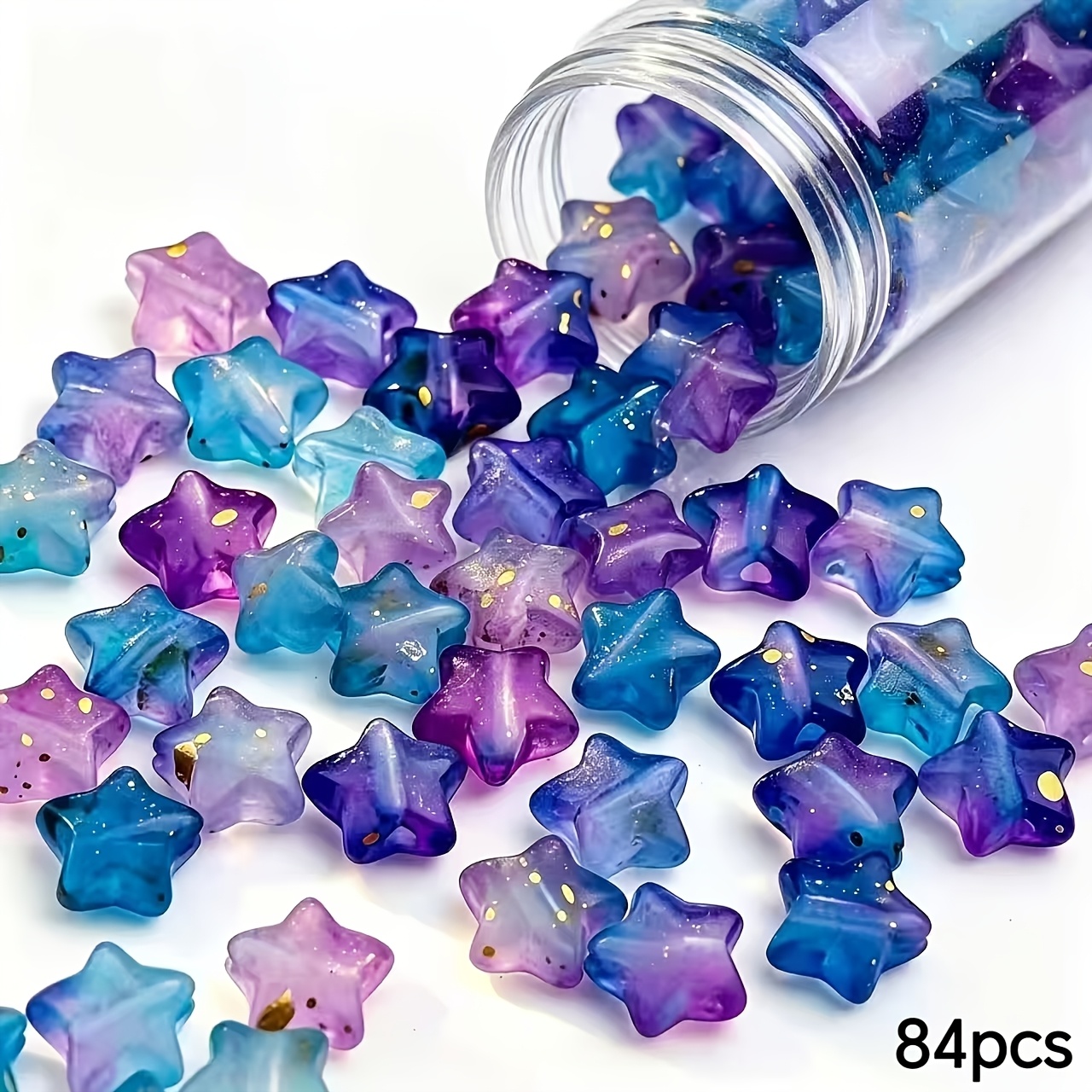 TEMU 84pcs 10mm Starry Nebula Shimmering Glitter Acrylic Pentagram Hole Loose Beads Handmade Beading Bracelet Necklace Hair Rope Earring Jewelry