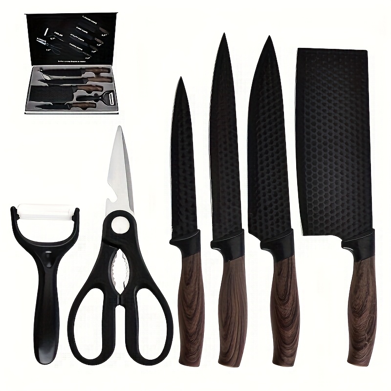 TEMU 6/7/8pcs, Carbon Stainless Steel Knife Set Including Chef's Knife, Bread Knife, Scissors, Knife Sharpener, , Rust Resistant, Easy To Clean Kitchen Essentials