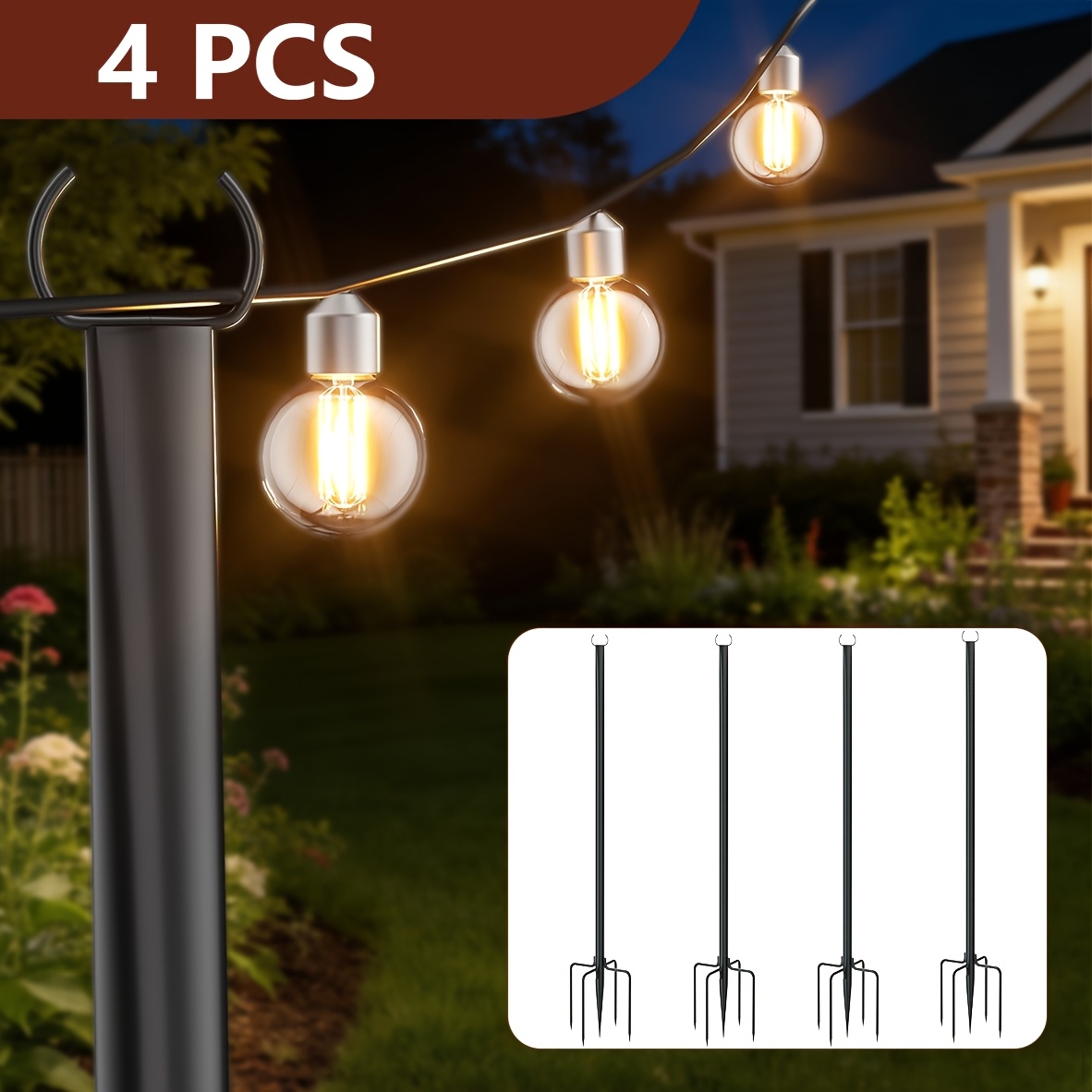 TEMU 4pcs/2pcs Heavy-duty Adjustable Outdoor/ Metal String Light Poles With Fork Base & Top - Ground Spike Mountable Hanging Lighting Stand Suitable