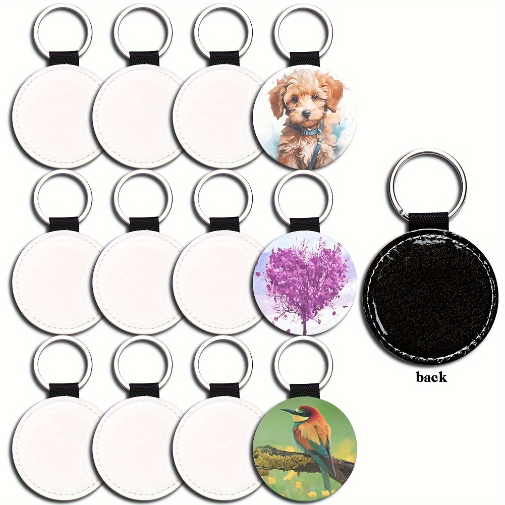 

12pcs Glitter Leather Sublimation Blank Keychains - Diy Heat Transfer Keyrings With Elegant Round Designs For Gifts & Crafts, With Black Straps And Metal Rings