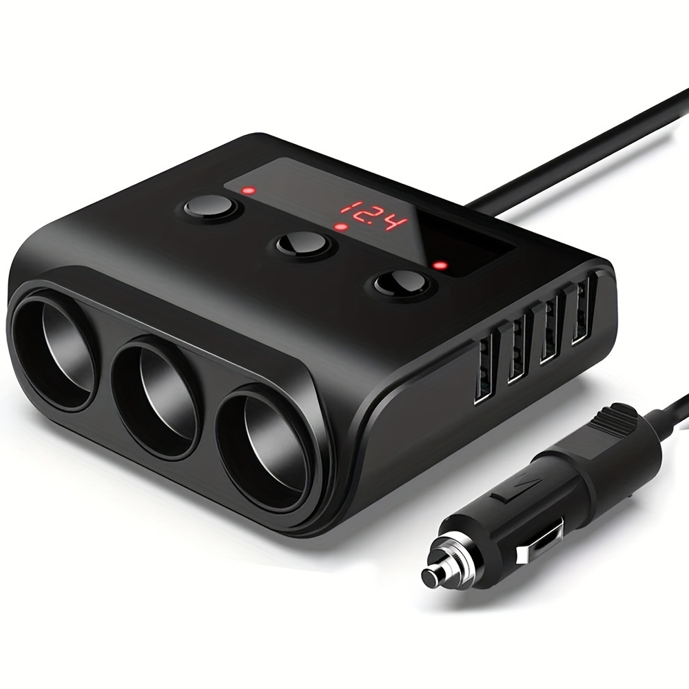 TEMU Car Charger Adapter 3 Socket Car Lighter Splitter Power Outlet 100w Usb 12v/24v Car Socket Outlet Splitter With Voltage Monitor Independent Switch For Gps, Phone, Dash Cam