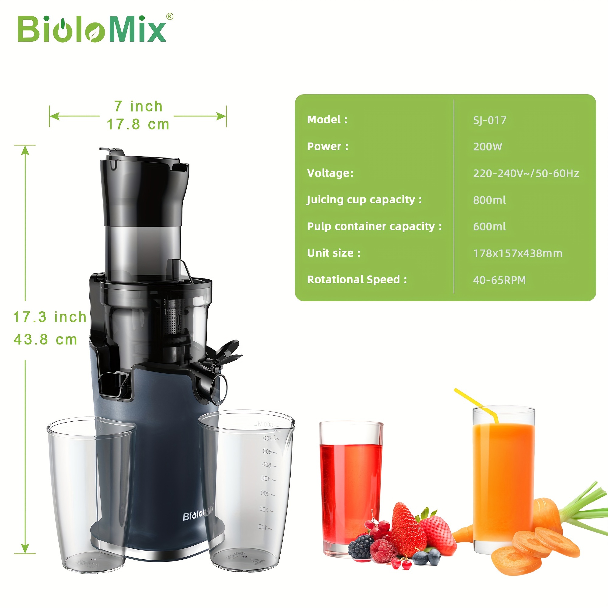 BioloMix 200W Cold Press Juicer with 78mm Feed Chute, Slow Juicer, 40-65RPM Powerful Motor Slow Masticating Juice Extractor Fits Whole Fruits