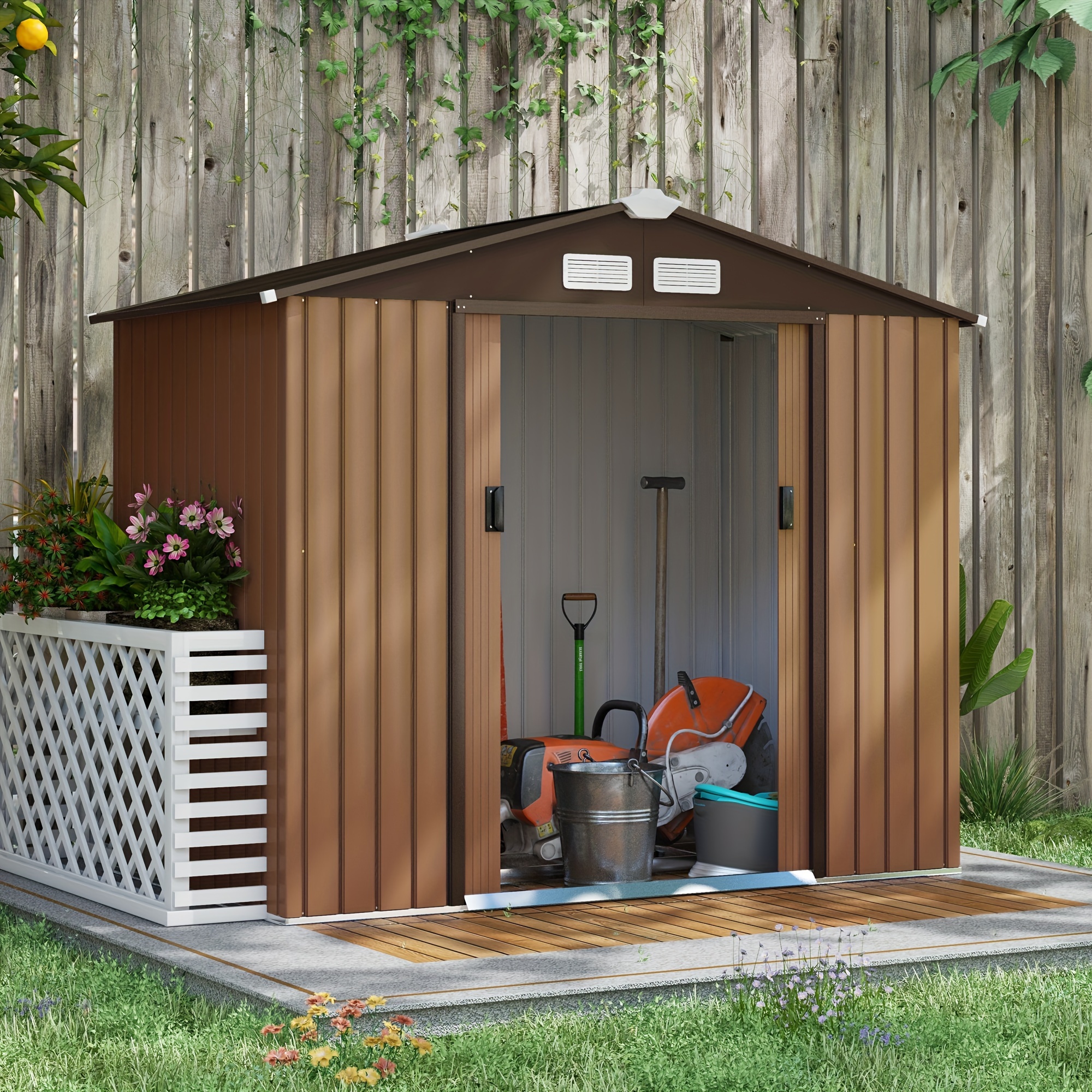 

Outsunny 7' X 4' Outdoor Storage Shed, Garden With Foundation Kit, 4 Vents And Sliding Doors For Backyard, Patio, Garage, Lawn, Yellow
