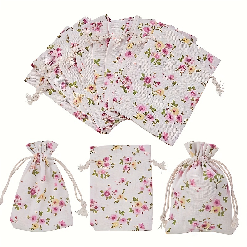 

10pcs, Vintage Pink Floral Drawstring Gift Bags, Cotton And Linen Bags, Gift Bags Suitable For Weddings, Bridal Showers And Parties, Jewelry Gift Storage Bags