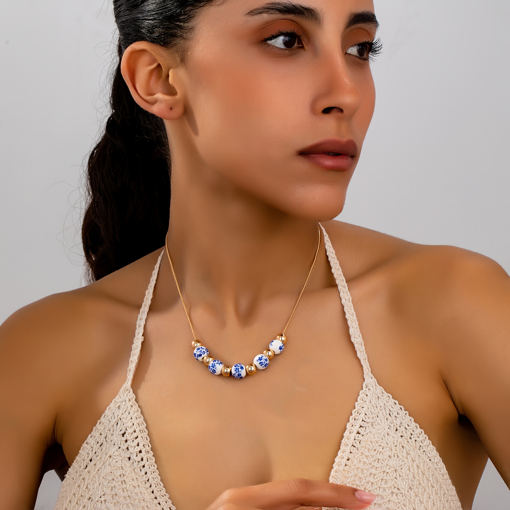 TEMU A Women's Fashion Minimalist Hand-painted Blue And White Porcelain Floral Petal Bohemian Necklace With Chinese Style And Versatile Round Bead Design