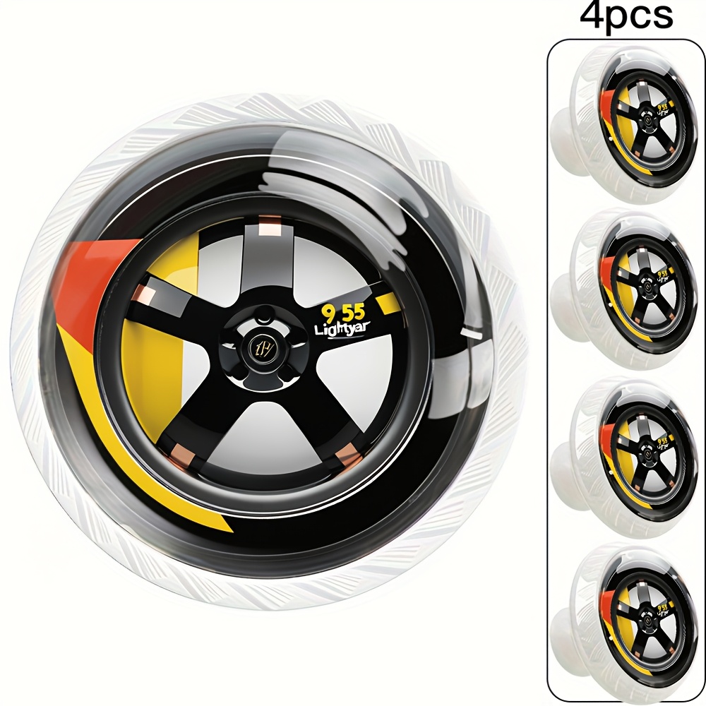 TEMU A Set Of 4pcs Round Knobs Made Of Abs Material And Transparent Crystal Glass With Car Wheel Design Suitable For Decorating Dresser Wardrobe